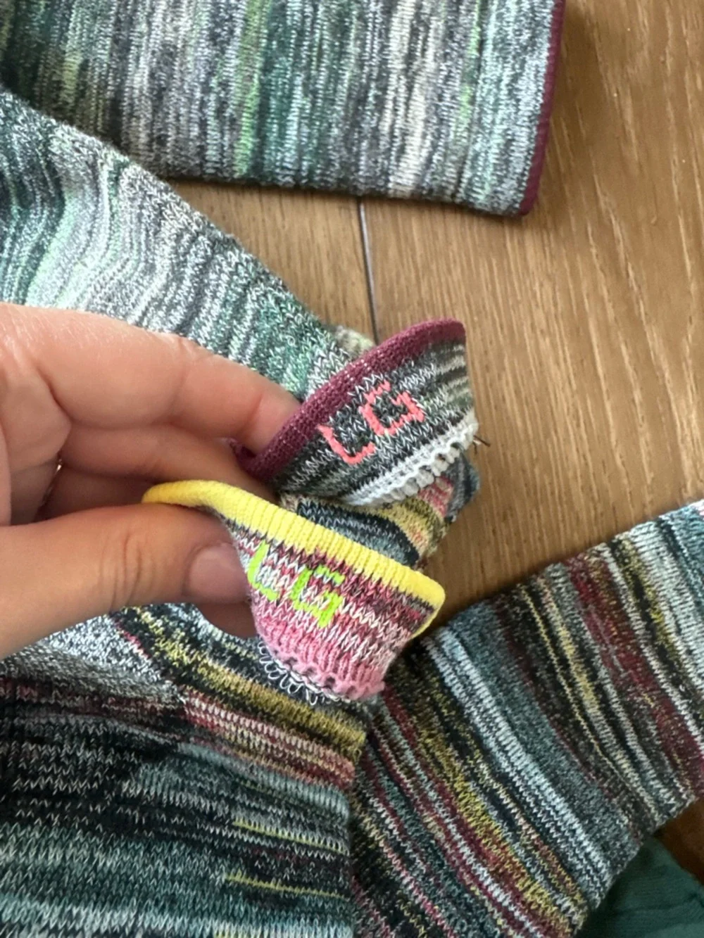 Bombas Multicolor Helix Crew Socks with Green and Gray Accents